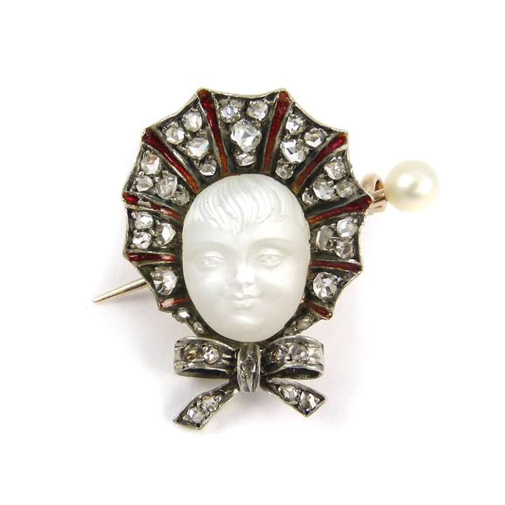 Late 19th century carved moonstone and gem set baby's head and bonnet brooch